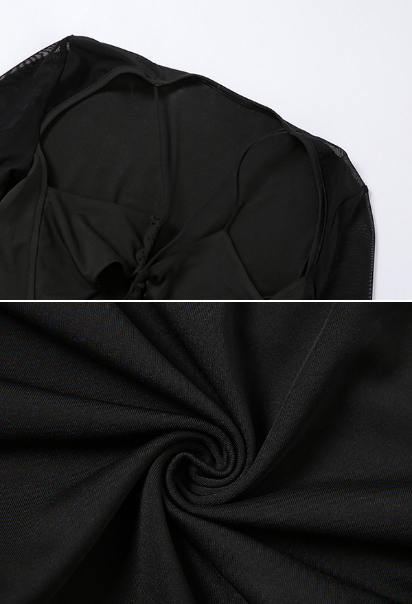 Women Gothic Sexy Black Halter Hollow Long Sheer Sleeves Irregular Front Bodysuit Top