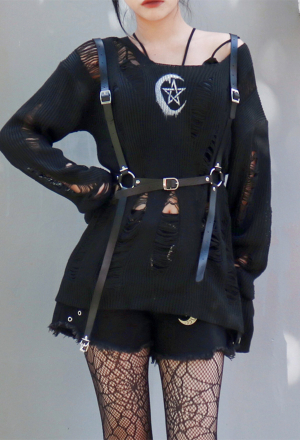 Women Gothic Dark Punk Black Star Moon Print Ripped Knitted Top Sweater Dress