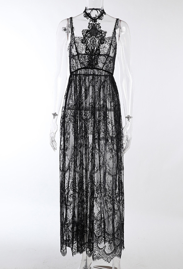 Women Gothic Sexy Black Halter Sheer Floral Pattern Long Slip Dress