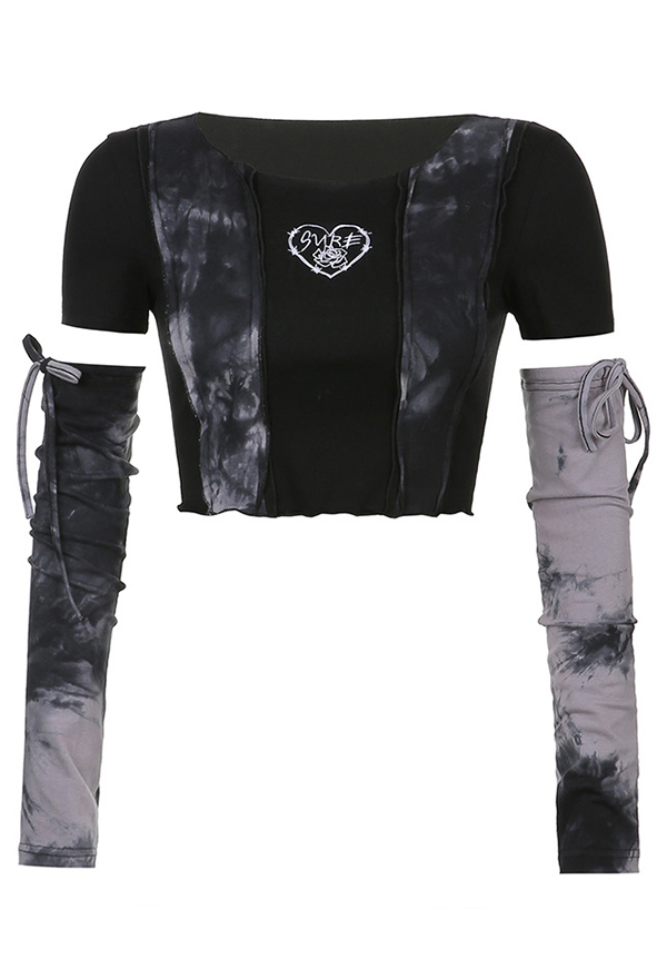Y2K Women Egirl Black Patchwork Tie-Dye Print Crop Top with Gloves