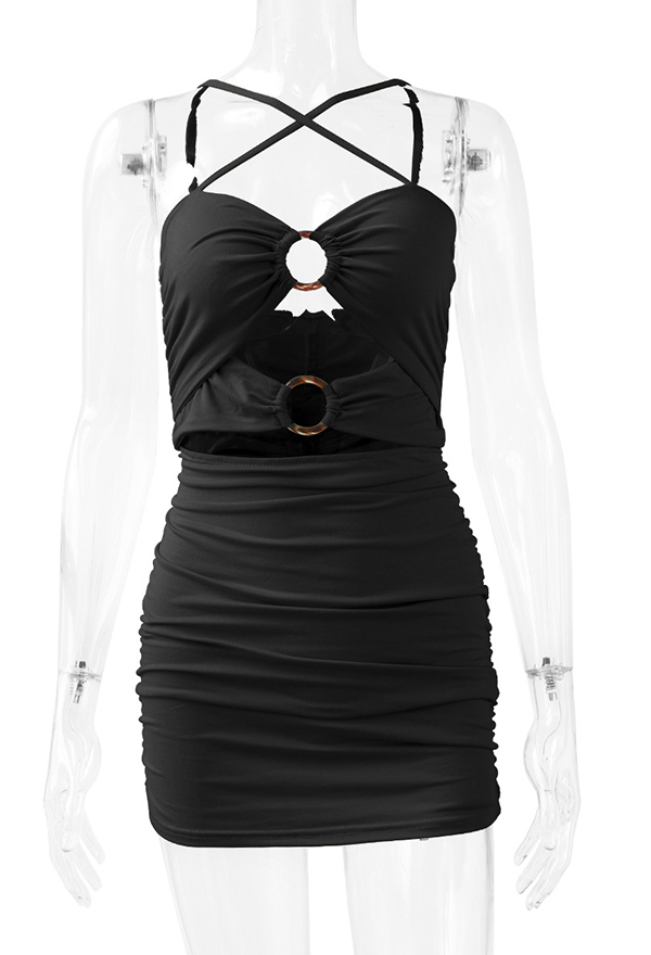 Women Gothic Sexy Cross Straps Front Cutout Ring Decorated Bodycon Tube Slip Dress