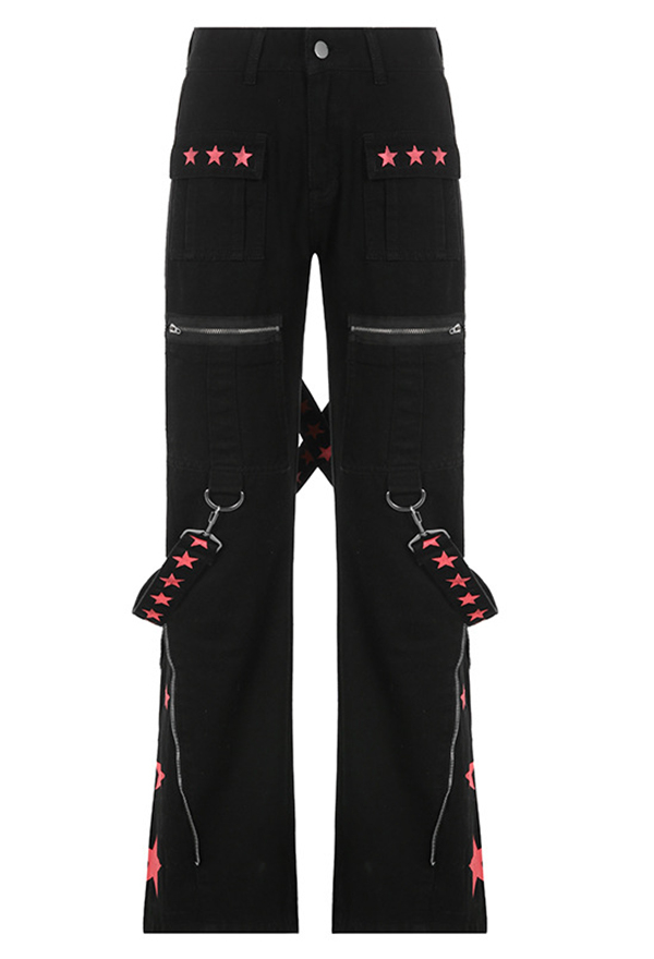 Grunge Women Y2K Black Red Stars Print Zipper Double Bands Decorated Loose Pants