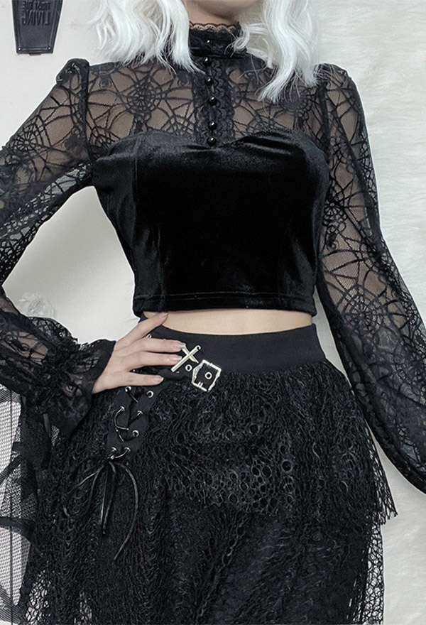 Women Gothic Vampire Black Mock Neck Long Sleeves Sheer Spiderweb Print Crop Blouse