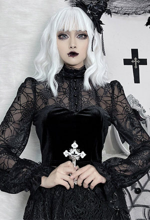 Women Gothic Vampire Black Mock Neck Long Sleeves Sheer Spiderweb Print Crop Blouse