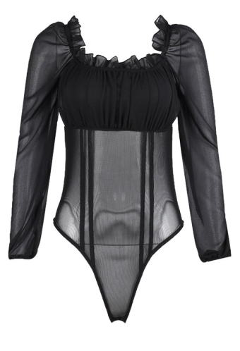 Women Gothic Sexy Black Sheer Off-Shoulder Long Sleeves Bodysuit Top