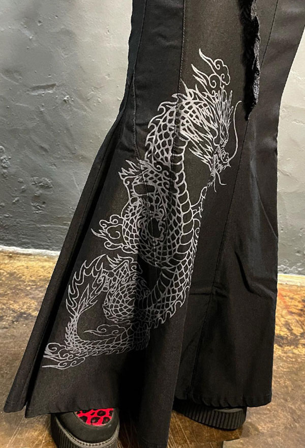 Women Gothic Vintage Black High-Waist Lace-up Chinese Dragon Patten Maxi Skirt
