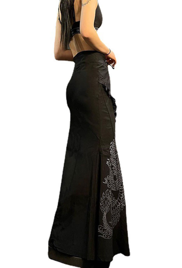 Women Gothic Vintage Black High-Waist Lace-up Chinese Dragon Patten Maxi Skirt