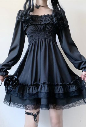 Women Gothic Vampire Vintage Black Square Collar Ruffles Long Sleeves A-Line Mini Dress