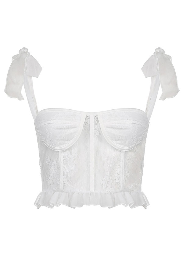 Women Gothic Emo Sexy White Sheer Lace-up Floral Pattern Corset Top For Spring Summer