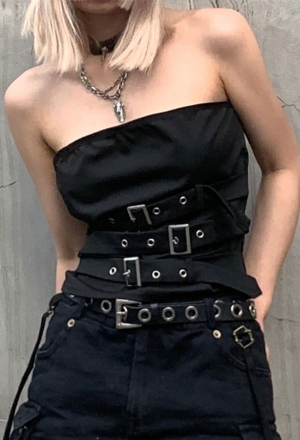 Grunge Women Punk Black Metal Buckle Adjustable Straps Decorated Bandeau Top