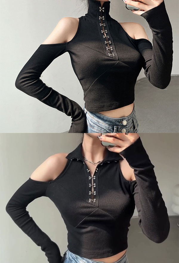 Women Gothic Stylish Buckle-up Polo Collar Cold-Shoulder Long Sleeves Crop Top