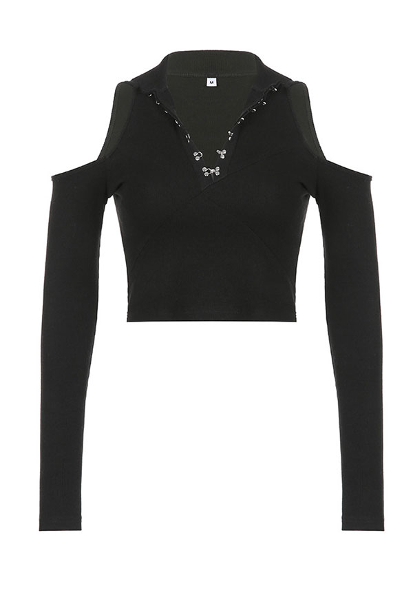 Women Gothic Stylish Buckle-up Polo Collar Cold-Shoulder Long Sleeves Crop Top