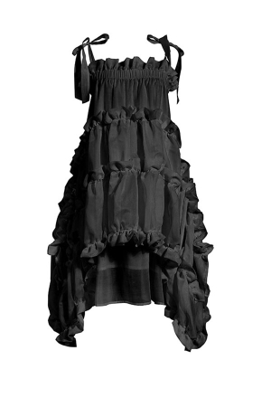 Women Gothic Dark Lolita Lace-up Ruffles Irregular Hem Long Dress