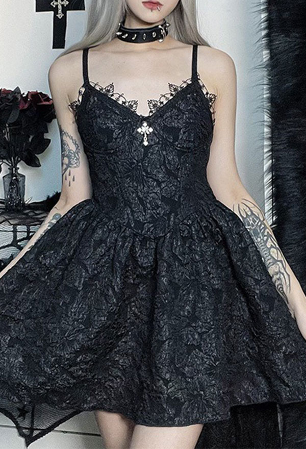 Women Gothic Vampire Lace Cross Decorated Floral Pattern A-Line Mini Dress