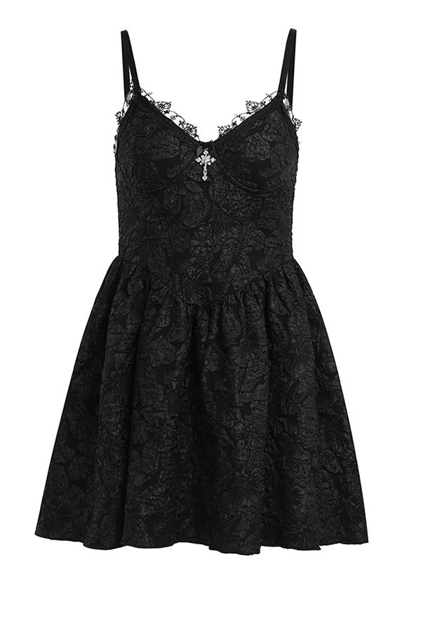Women Gothic Vampire Lace Cross Decorated Floral Pattern A-Line Mini Dress