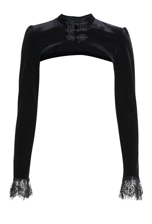 Women Gothic Black Cheongsam Collar Long Sleeves Lace Hem Cropped Blouse