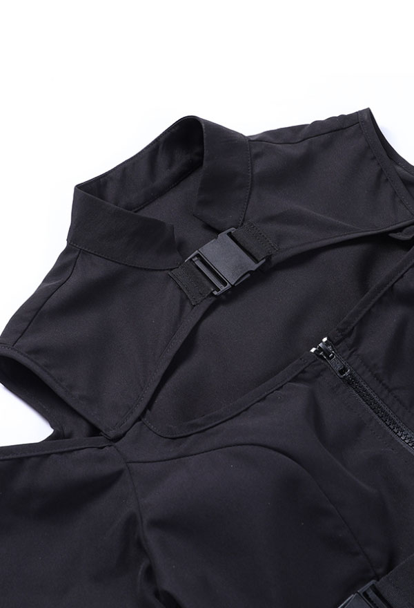 Women Punk Black High Collar Cold-Shoulder Buckle-up Front Zipper A-Line Mini Dress