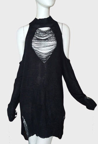 Women Gothic Black Cold-Shoulder Front Hollow Ripped Long Sleeves Sweater Dress