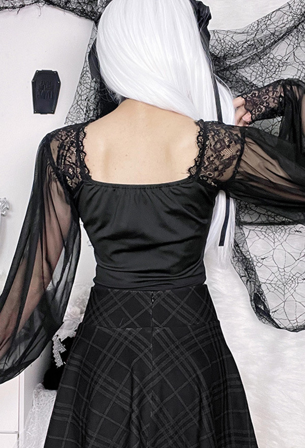 Women Gothic Vampire Black V Neck Long Sheer Puff Sleeves Lace Hem Crop Top
