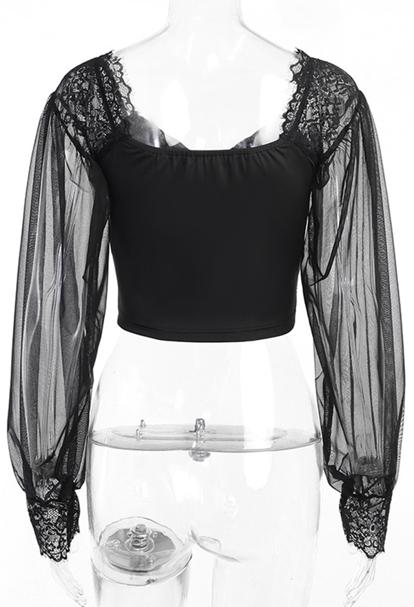 Women Gothic Vampire Black V Neck Long Sheer Puff Sleeves Lace Hem Crop Top
