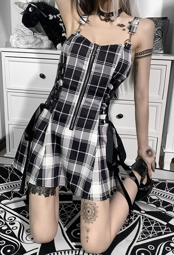 Grunge Women Egirl Plaid Front Zipper Side Lace-up A-Line Mini Dress