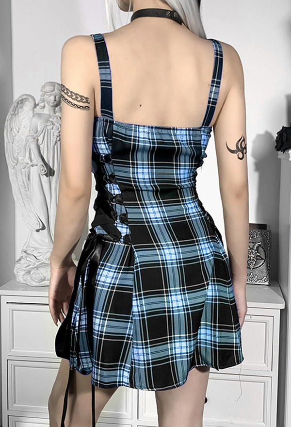 Grunge Women Egirl Plaid Front Zipper Side Lace-up A-Line Mini Dress