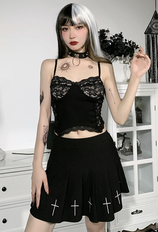Women Gothic Vampire Sexy Sheer Floral Pattern Lace Hem Camisole