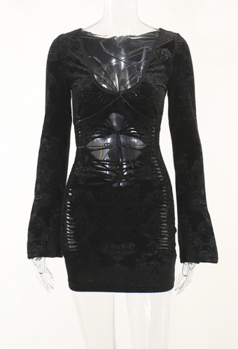 Grunge Women Witch Style Black V Neck Lace-up Cutout Long Flared Sleeves Mini Dress