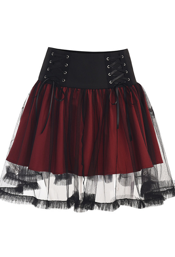 Grunge Women Egirl Black Red Patchwork High-Waist Lace-up Sheer Yarn Decorated Tutu Skirt