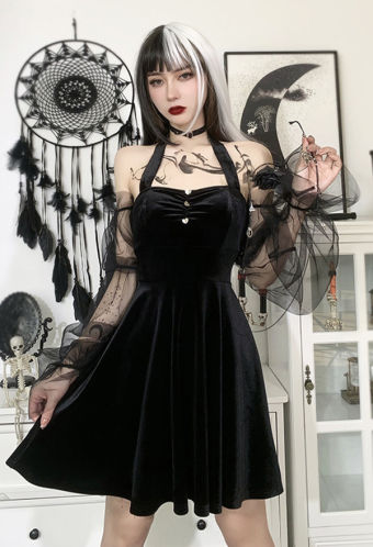 Women Gothic Vampire Black Halter Off-Shoulder Long Puff Sleeves Cocktail Dress