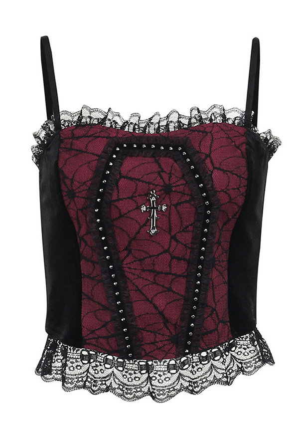 Women Gothic Vampire Black Red Spiderweb Pattern Coffin Shape Decorated Lace Hem Camisole