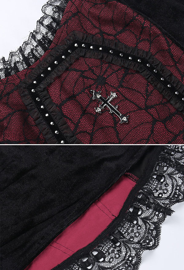 Women Gothic Vampire Black Red Spiderweb Pattern Coffin Shape Decorated Lace Hem Camisole