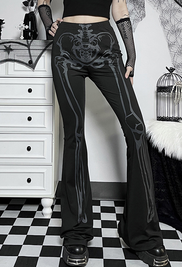 Women Gothic Punk Black Skeleton Pattern High-Waisted Flared Pants Streetwear