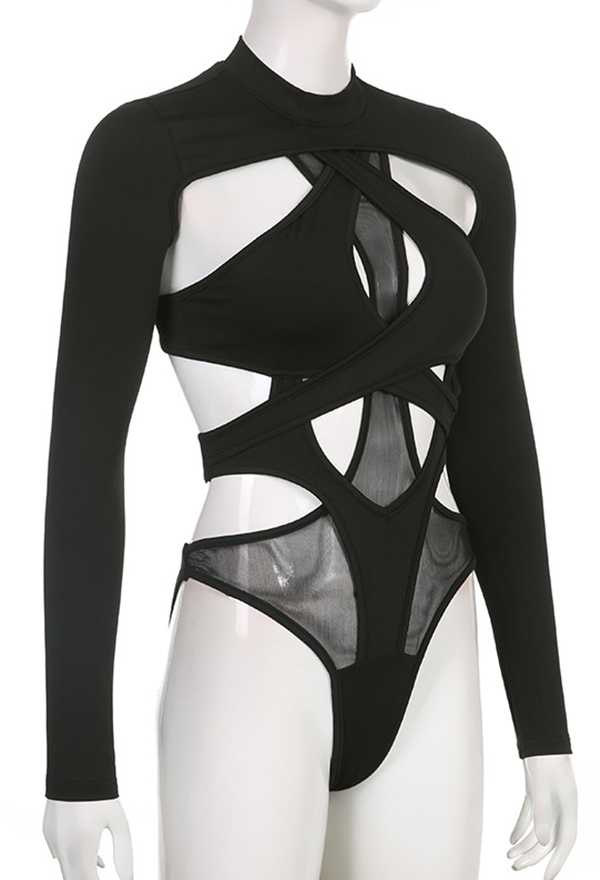 Hot Girl Sexy Black Turtleneck Long Sleeve Bodysuit
