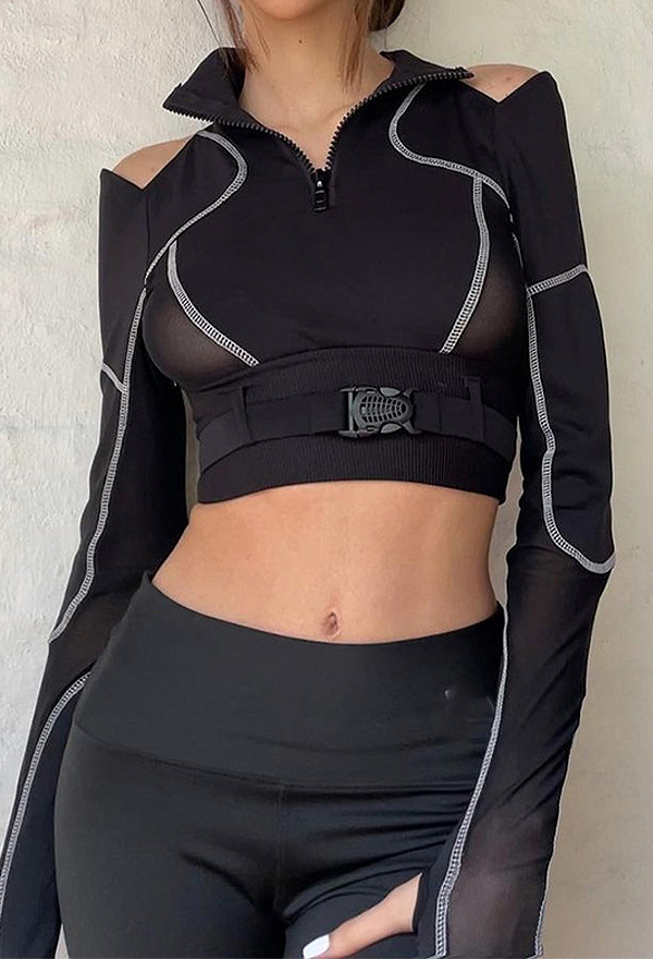 Cool Girl Gothic Black Stitching Cropped Off-Shoulder buckle Long Sleeve Top