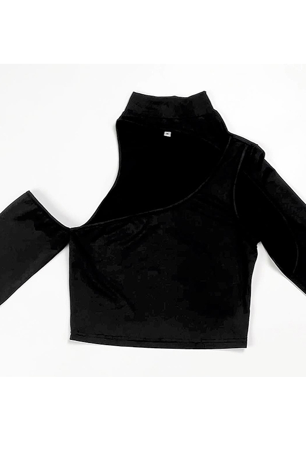 Cool Girl Gothic Black Stitching Cropped Off-Shoulder buckle Long Sleeve Top