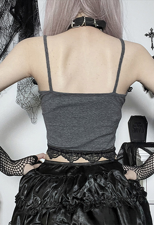 Gothic Gray Moth-Print Lace-Trimmed Camisole Top