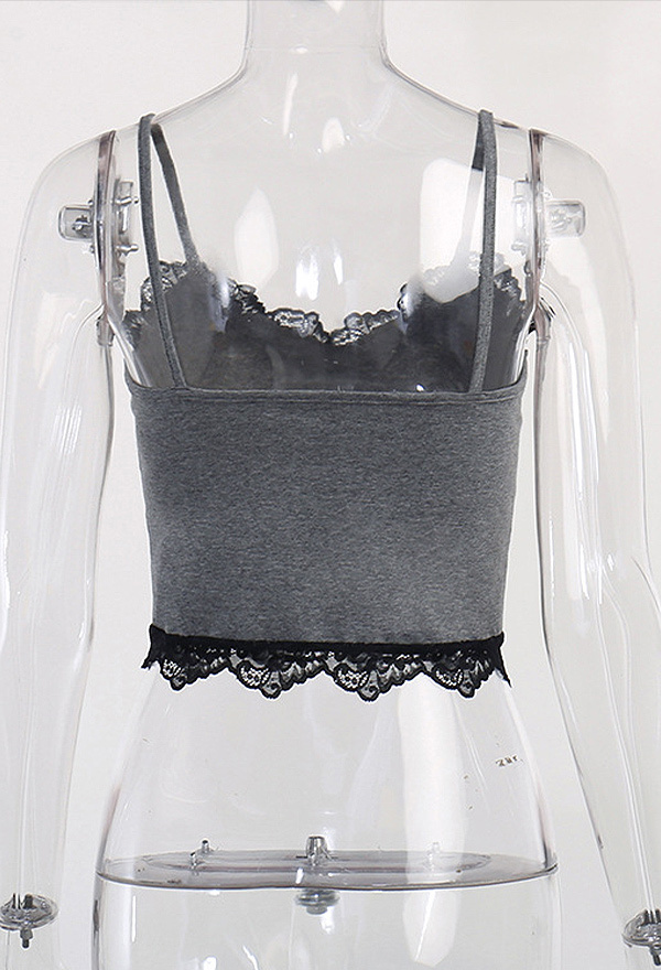 Gothic Gray Moth-Print Lace-Trimmed Camisole Top