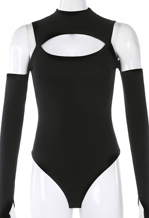 Sexy Black Hollow Off-Shoulder Half Turtleneck Long-Sleeved Bodysuit