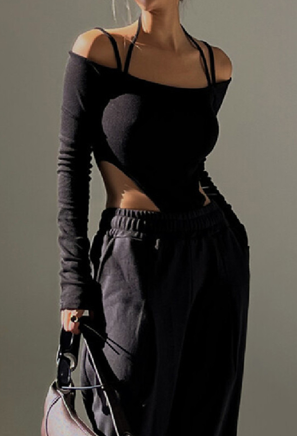 Sexy Black Off-Shoulder Halterneck Hong-Sleeved Bodysuit