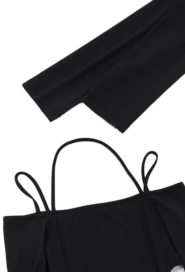 Sexy Black Off-Shoulder Halterneck Hong-Sleeved Bodysuit