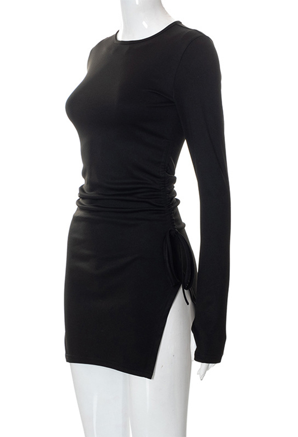 Gothic Long-Sleeved Lace-Up Split Dress Unique Design Black Dress