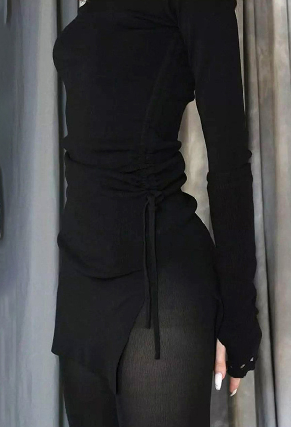 Gothic Long-Sleeved Lace-Up Split Dress Unique Design Black Dress