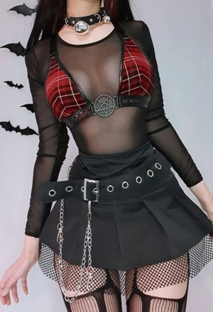 Hot Girl Gothic Dark Style Black And Red Plaid Mesh Bra Top