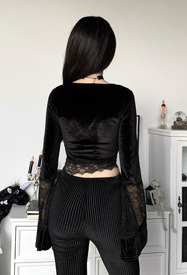 Gothic Lace Trumpet Long Sleeves Top Dark Style Streetwear Navel Top