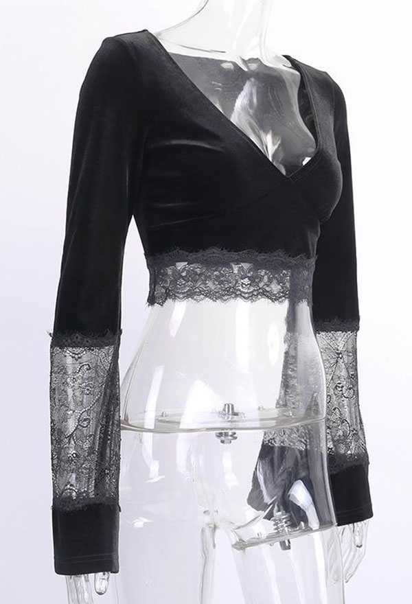 Gothic Lace Trumpet Long Sleeves Top Dark Style Streetwear Navel Top