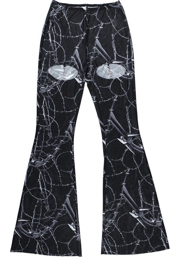Gothic Punk Style Black Trumpet Pants Stylish Hollowed Design Printed High Waist Trousers