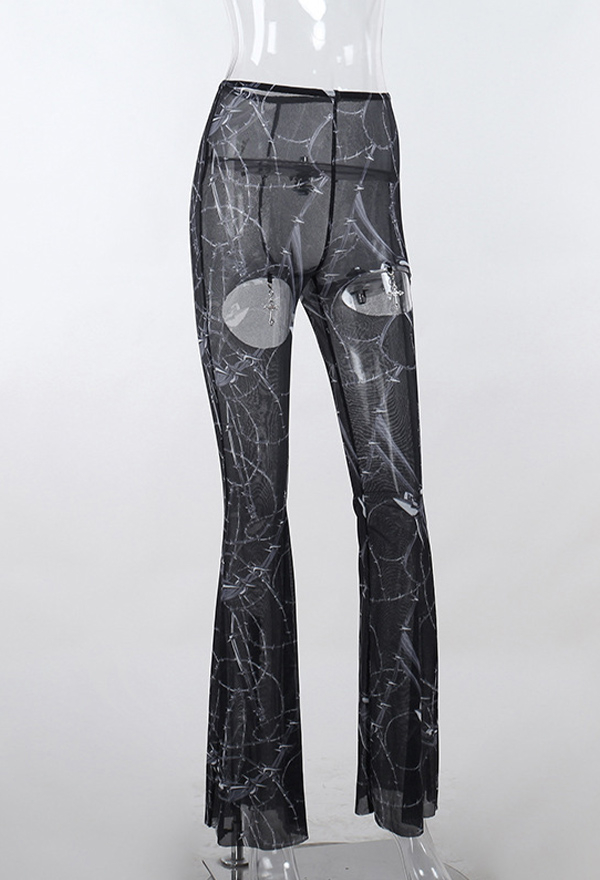 Gothic Punk Style Black Trumpet Pants Stylish Hollowed Design Printed High Waist Trousers