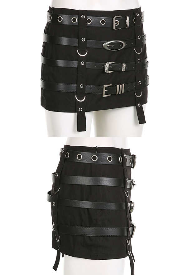 Gothic Punk Style A-Line Short Skirt Black Punk Belt Patchwork Skirt
