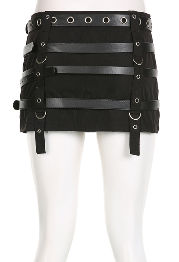 Gothic Punk Style A-Line Short Skirt Black Punk Belt Patchwork Skirt